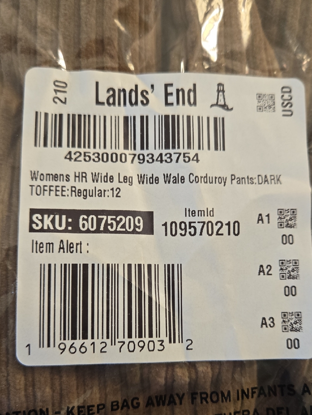 Lands' End Dark Toffee Corduroy Wide-Leg Pants